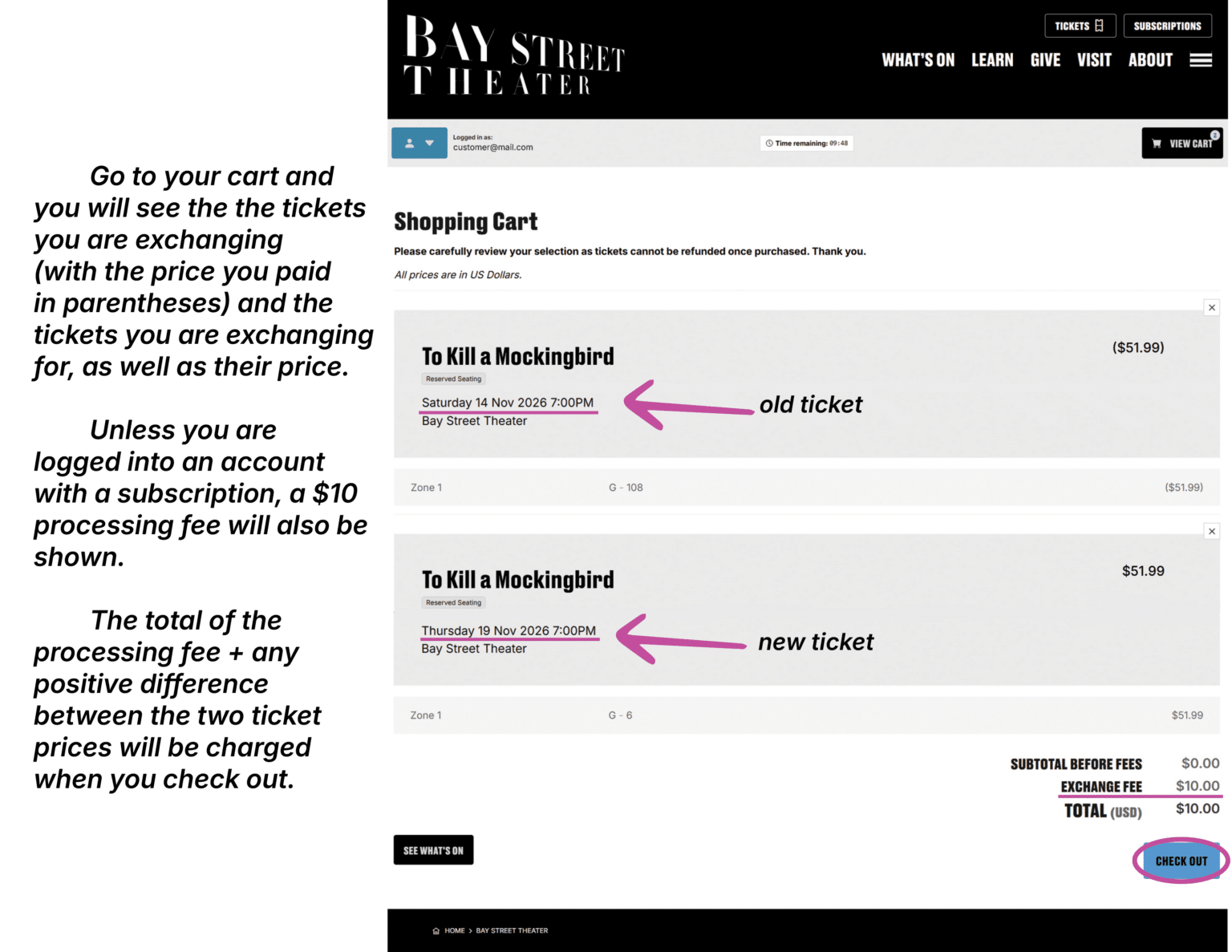 Screenshot of the shopping cart page for Bay Street, logged in as customer@mail.com, with current (to-be-exchanged) and new (exchanging for) tickets displayed, followed by the instructions: Go to your cart and you will see the the tickets you are exchanging (with the price you paid in parentheses) and the tickets you are exchanging for, as well as their price. Unless you are logged into an account with a subscription, a $10 processing fee will also be shown. The total of the processing fee + any positive difference between the two ticket prices will be charged when you check out.